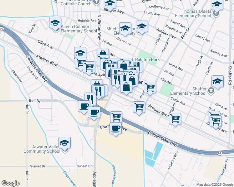 map of restaurants, bars, coffee shops, grocery stores, and more near 1491 Atwater Boulevard in Atwater