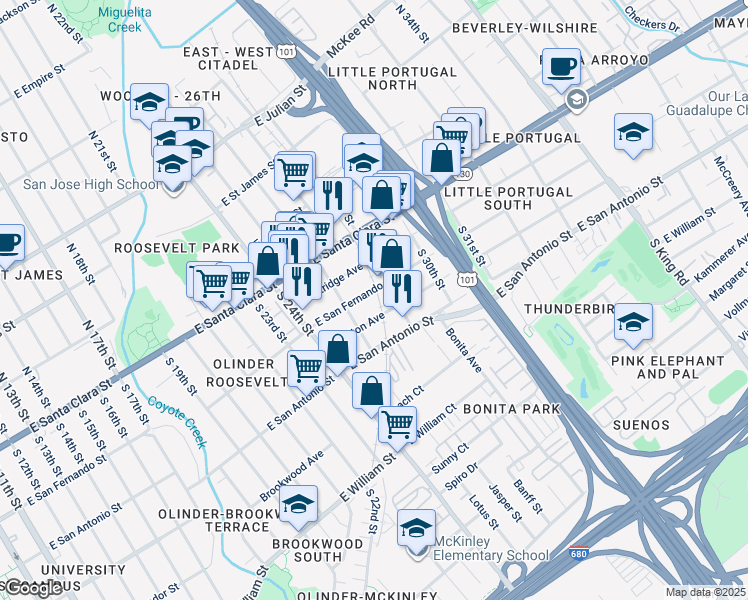 map of restaurants, bars, coffee shops, grocery stores, and more near 101 South 28th Street in San Jose