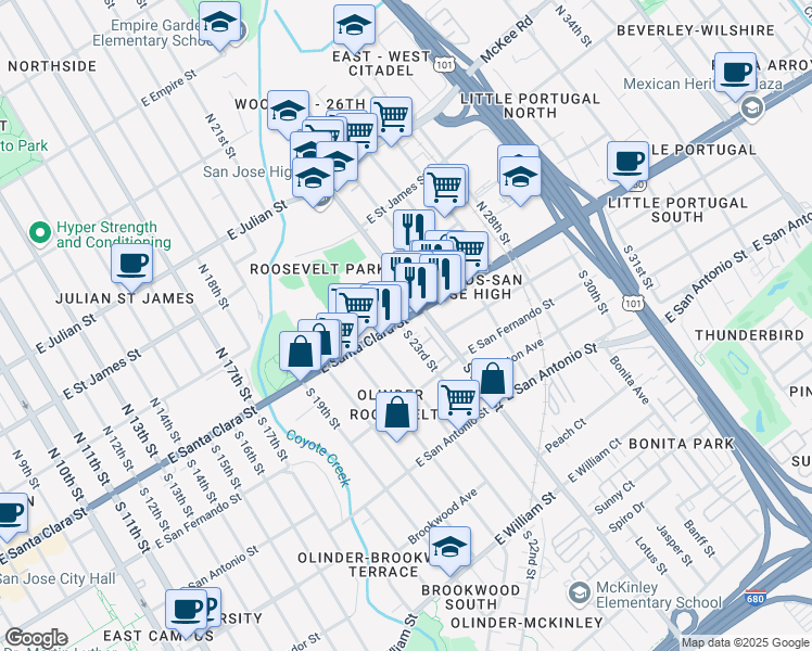 map of restaurants, bars, coffee shops, grocery stores, and more near 1115 East Santa Clara Street in San Jose
