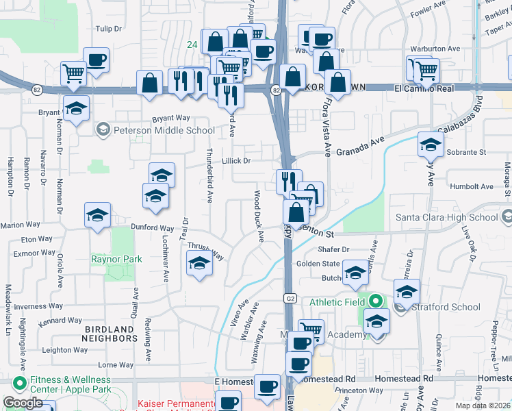 map of restaurants, bars, coffee shops, grocery stores, and more near 3701 Swallow Way in Santa Clara