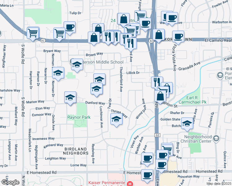 map of restaurants, bars, coffee shops, grocery stores, and more near 1151 Cotswald Court in Sunnyvale