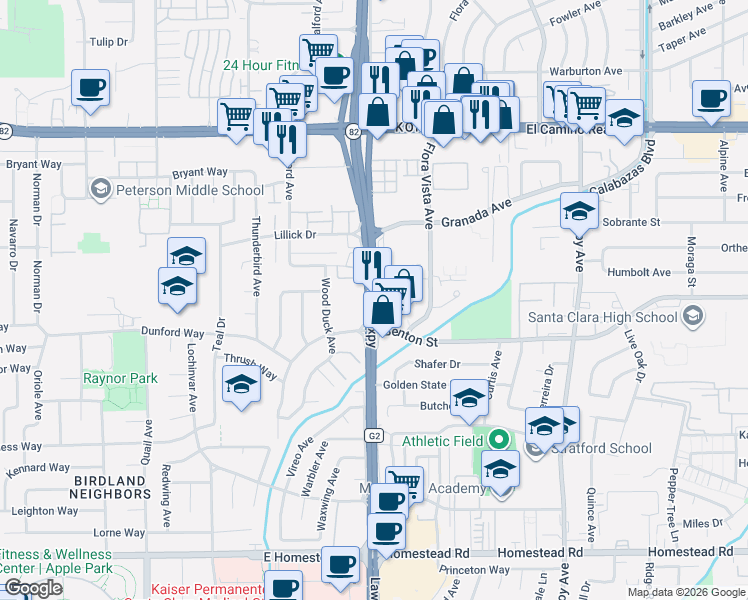 map of restaurants, bars, coffee shops, grocery stores, and more near 1133 Lawrence Expressway in Santa Clara