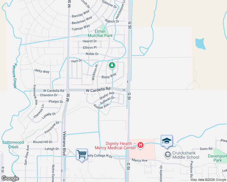 map of restaurants, bars, coffee shops, grocery stores, and more near 4324 Strathmore Place in Merced