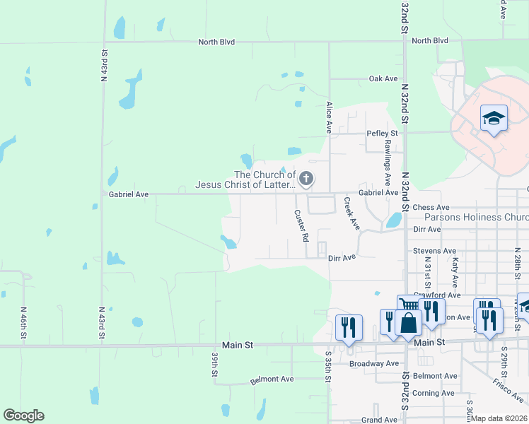 map of restaurants, bars, coffee shops, grocery stores, and more near 600-798 Quail Creek Road in Parsons