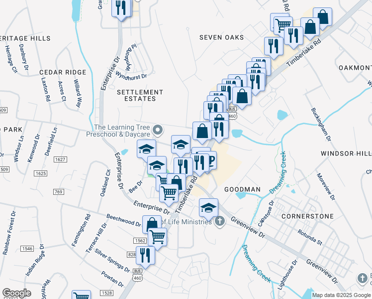 map of restaurants, bars, coffee shops, grocery stores, and more near 100 Laxton Road in Timberlake