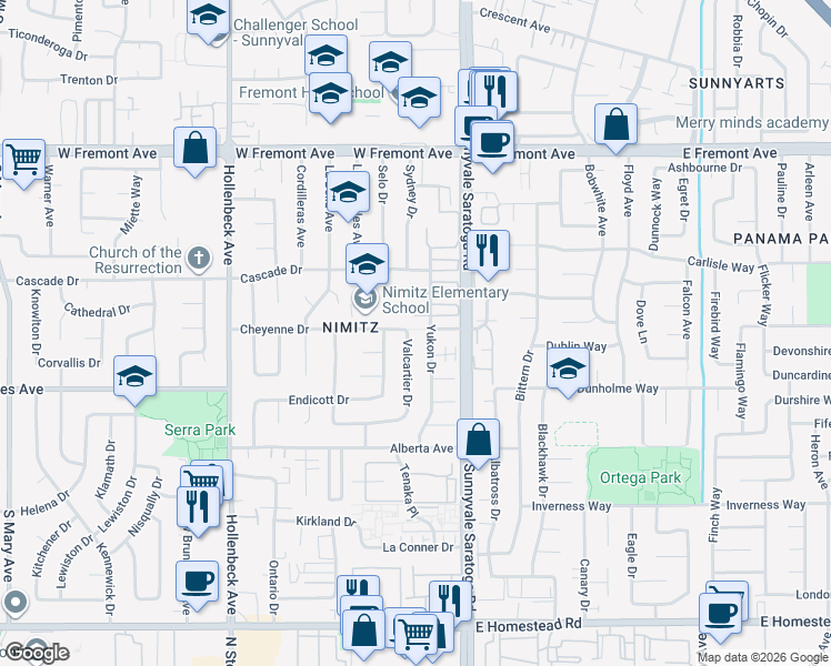 map of restaurants, bars, coffee shops, grocery stores, and more near 1450 Valcartier Drive in Sunnyvale
