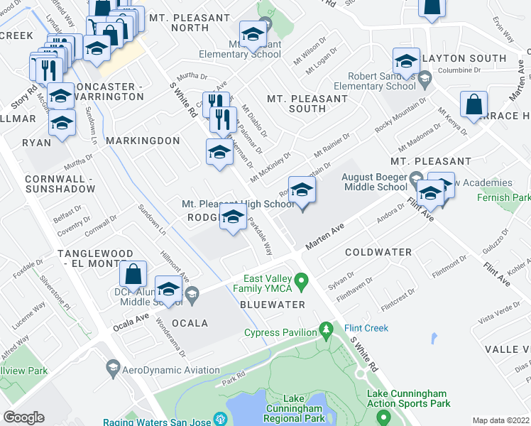 map of restaurants, bars, coffee shops, grocery stores, and more near South White Road & Rocky Mountain Drive in San Jose