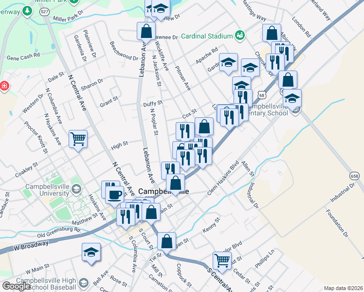 map of restaurants, bars, coffee shops, grocery stores, and more near 498 N Jackson St in Campbellsville