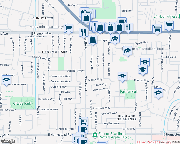 map of restaurants, bars, coffee shops, grocery stores, and more near 1448 Hampton Drive in Sunnyvale