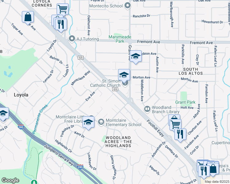 map of restaurants, bars, coffee shops, grocery stores, and more near 1825 Granger Avenue in Los Altos