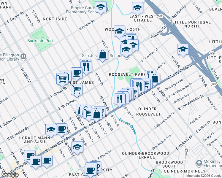 map of restaurants, bars, coffee shops, grocery stores, and more near in San Jose