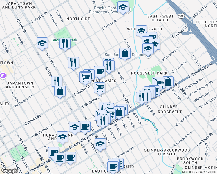 map of restaurants, bars, coffee shops, grocery stores, and more near in San Jose