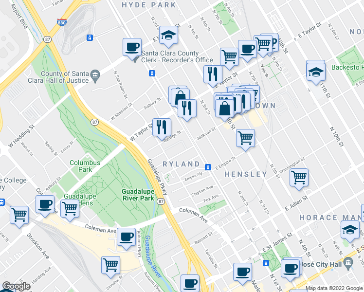 map of restaurants, bars, coffee shops, grocery stores, and more near 619 North 1st Street in San Jose
