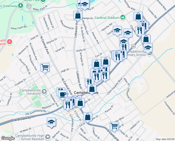 map of restaurants, bars, coffee shops, grocery stores, and more near 400-498 N Jackson St in Campbellsville