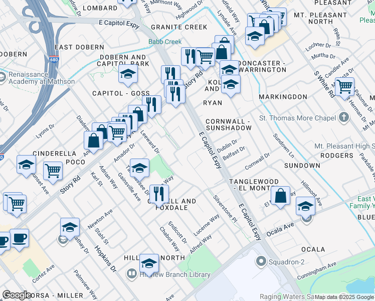map of restaurants, bars, coffee shops, grocery stores, and more near 1250 Foxdale Loop in San Jose