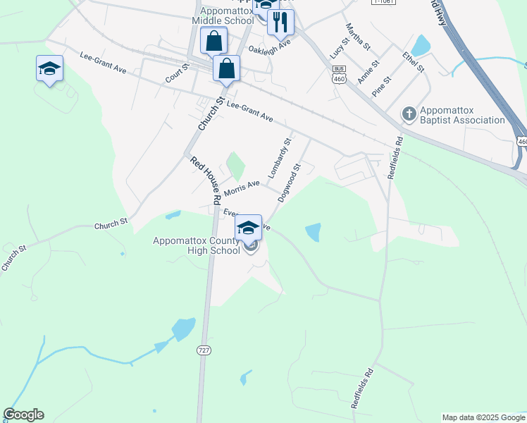 map of restaurants, bars, coffee shops, grocery stores, and more near 235 Evergreen Avenue in Appomattox