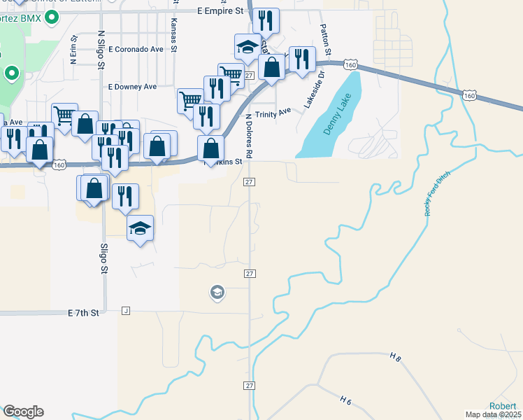 map of restaurants, bars, coffee shops, grocery stores, and more near 9370 County Road 27 in Cortez