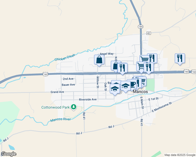 map of restaurants, bars, coffee shops, grocery stores, and more near 550 Railroad Avenue in Mancos