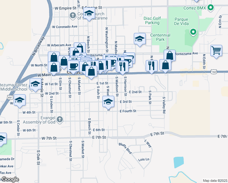 map of restaurants, bars, coffee shops, grocery stores, and more near 106.5 South Washington Street in Cortez