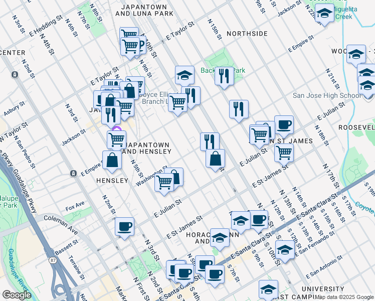map of restaurants, bars, coffee shops, grocery stores, and more near 410 North 9th Street in San Jose