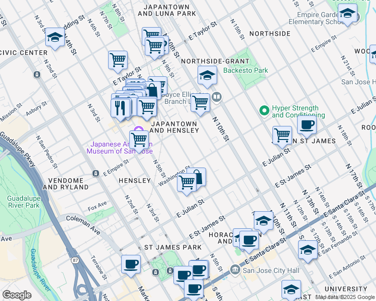 map of restaurants, bars, coffee shops, grocery stores, and more near 462 North 7th Street in San Jose