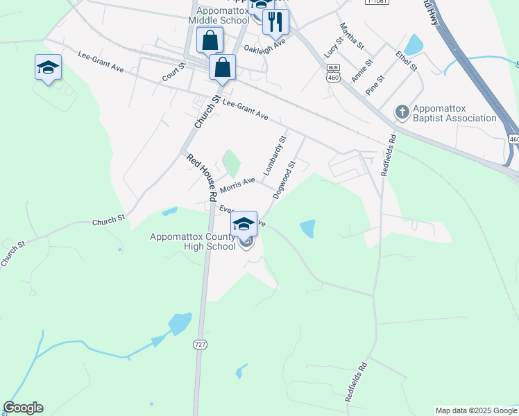 map of restaurants, bars, coffee shops, grocery stores, and more near 235 Evergreen Avenue in Appomattox
