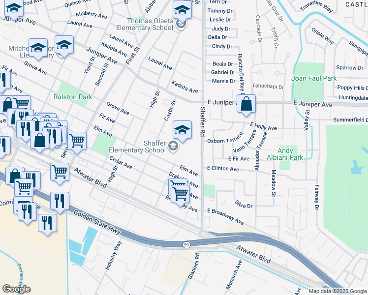 map of restaurants, bars, coffee shops, grocery stores, and more near 1434 California Street in Atwater