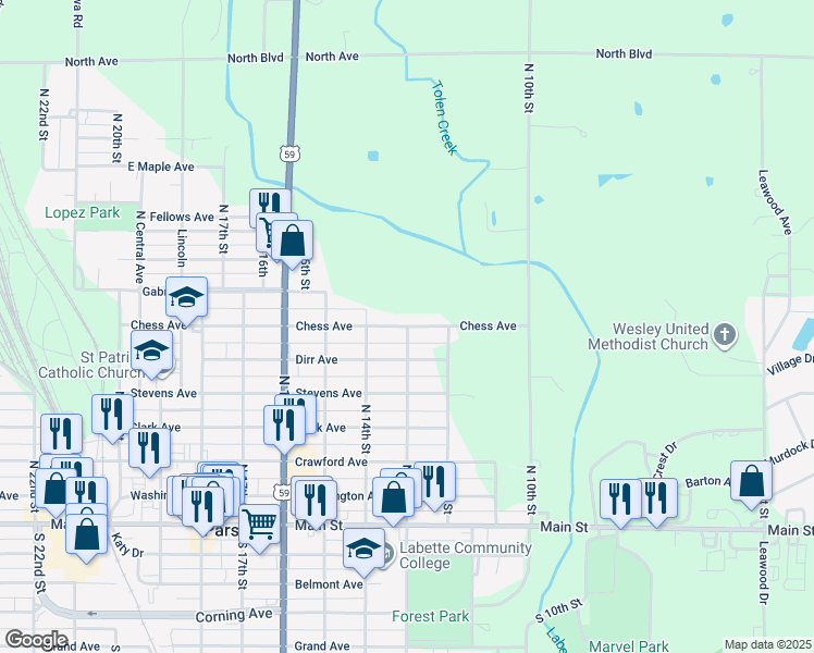 map of restaurants, bars, coffee shops, grocery stores, and more near 1301 Chess Avenue in Parsons