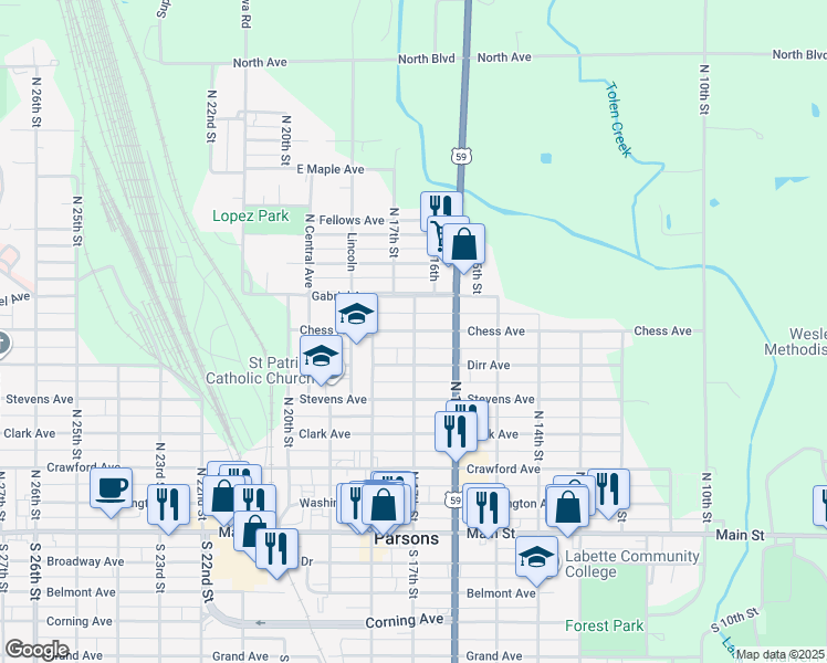 map of restaurants, bars, coffee shops, grocery stores, and more near 1701 Chess Avenue in Parsons