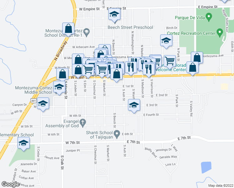 map of restaurants, bars, coffee shops, grocery stores, and more near 121 East 1st Street in Cortez