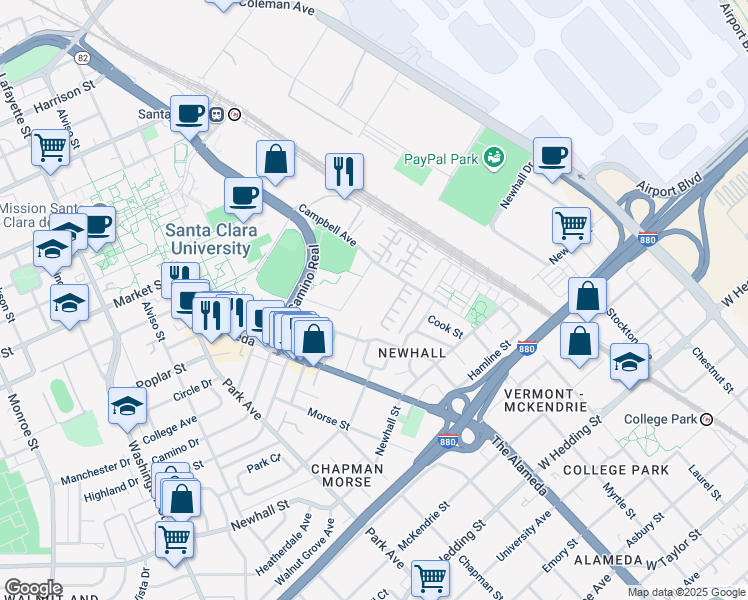map of restaurants, bars, coffee shops, grocery stores, and more near 1185 Campbell Avenue in San Jose
