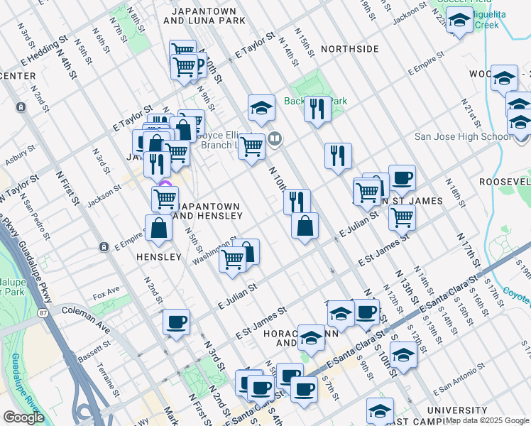 map of restaurants, bars, coffee shops, grocery stores, and more near 410 North 9th Street in San Jose
