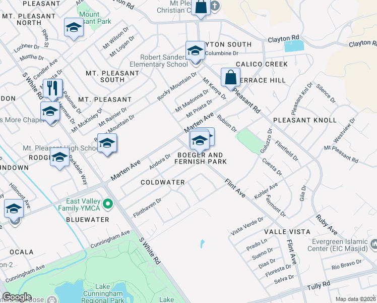 map of restaurants, bars, coffee shops, grocery stores, and more near 3348 Andora Drive in San Jose