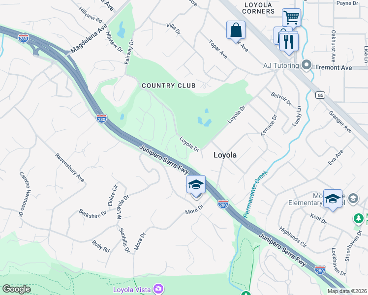 map of restaurants, bars, coffee shops, grocery stores, and more near 648 Oakridge Drive in Los Altos