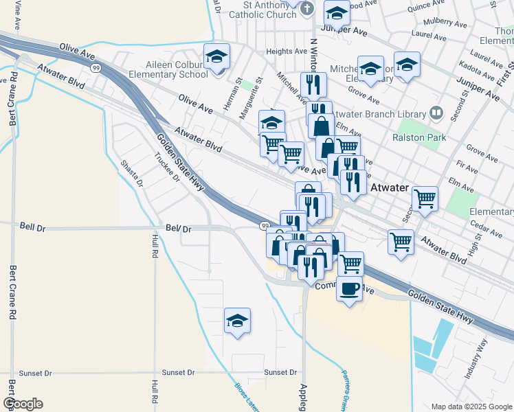 map of restaurants, bars, coffee shops, grocery stores, and more near 1883 Sycamore Avenue in Atwater