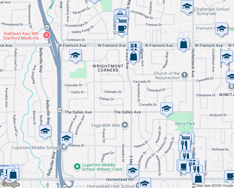 map of restaurants, bars, coffee shops, grocery stores, and more near 942 Chehalis Drive in Sunnyvale