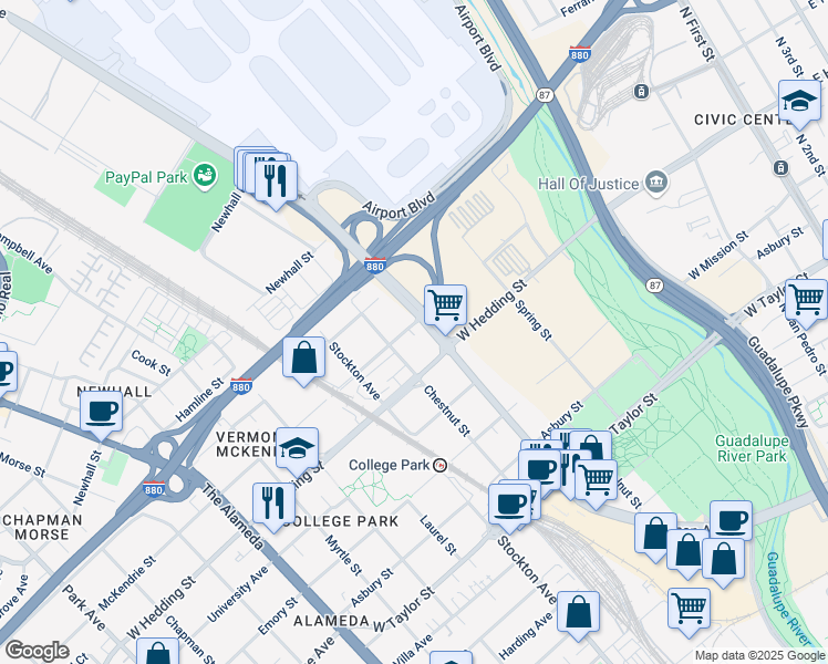 map of restaurants, bars, coffee shops, grocery stores, and more near 545 McKendrie Street in San Jose