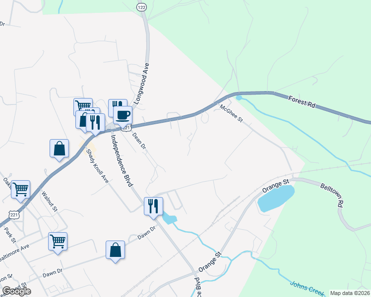 map of restaurants, bars, coffee shops, grocery stores, and more near 1939 Woodside Avenue in Bedford
