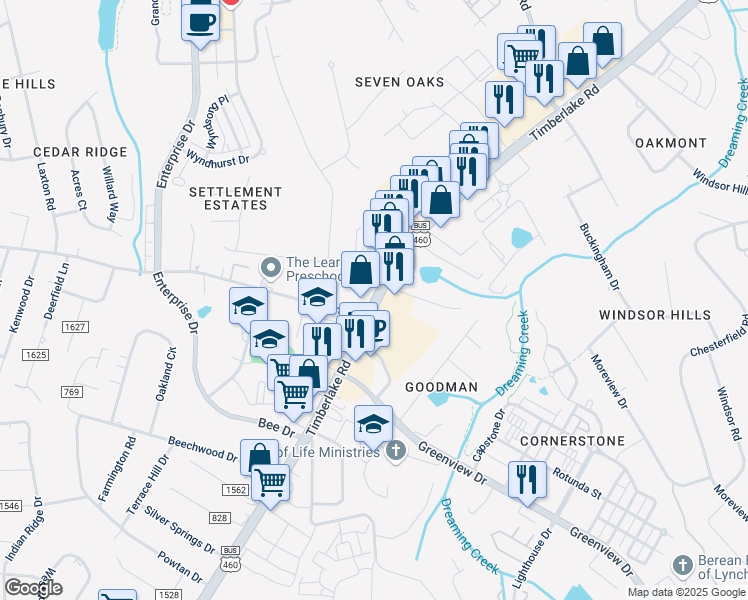 map of restaurants, bars, coffee shops, grocery stores, and more near 9201 Timberlake Road in Lynchburg