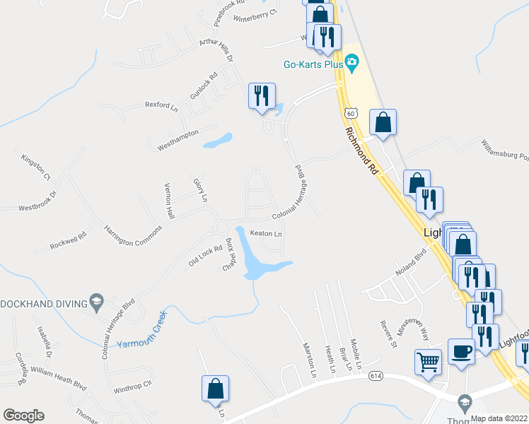 map of restaurants, bars, coffee shops, grocery stores, and more near 4319 Audley Green Terrace in Williamsburg