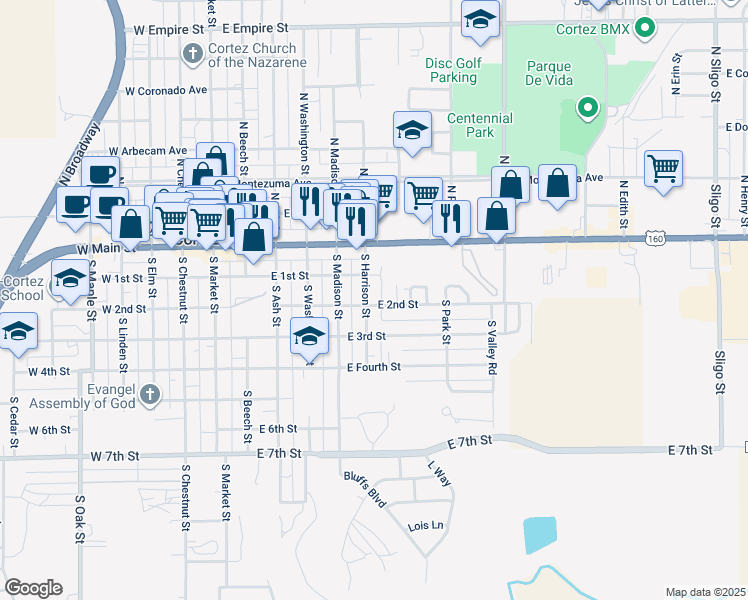 map of restaurants, bars, coffee shops, grocery stores, and more near 131 South Harrison Street in Cortez