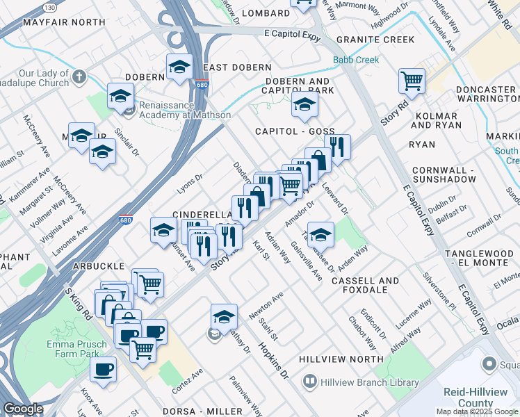 map of restaurants, bars, coffee shops, grocery stores, and more near 2241 Angie Avenue in San Jose