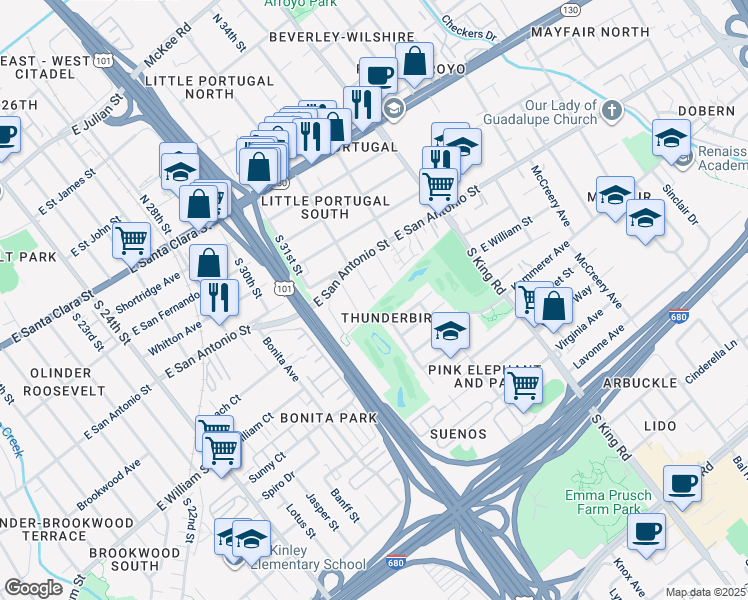 map of restaurants, bars, coffee shops, grocery stores, and more near 248 South 33rd Street in San Jose