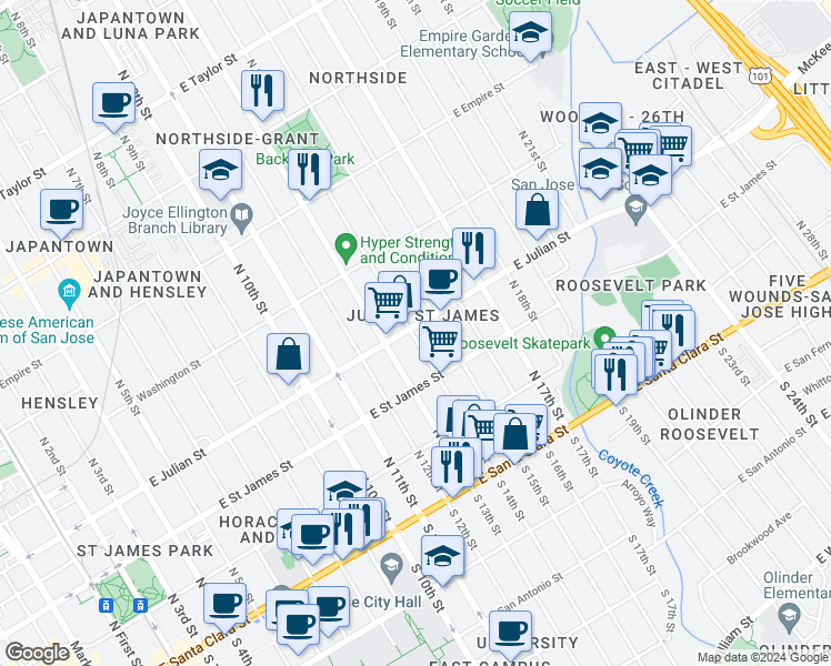 map of restaurants, bars, coffee shops, grocery stores, and more near 279 North 15th Street in San Jose