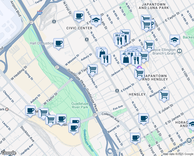 map of restaurants, bars, coffee shops, grocery stores, and more near 90 George Street in San Jose