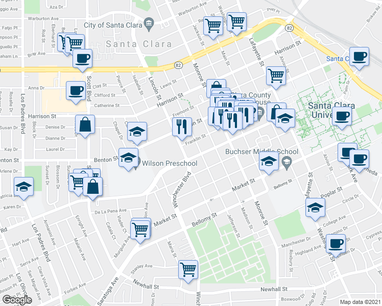 map of restaurants, bars, coffee shops, grocery stores, and more near 955 Lincoln Street in Santa Clara