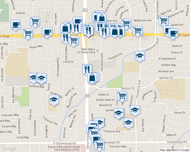 map of restaurants, bars, coffee shops, grocery stores, and more near 3775 Flora Vista Avenue in Santa Clara