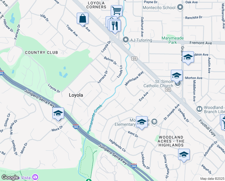 map of restaurants, bars, coffee shops, grocery stores, and more near 900 Shadow Creek Place in Los Altos