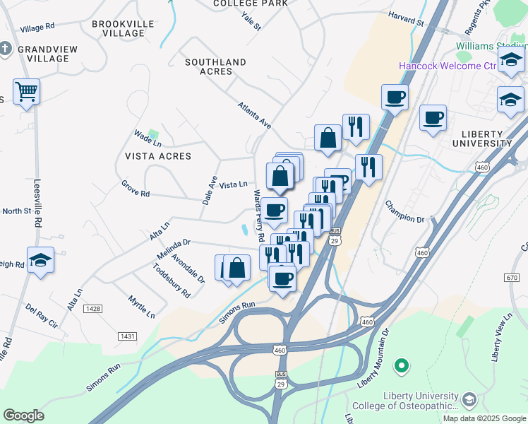 map of restaurants, bars, coffee shops, grocery stores, and more near 1198 Wards Ferry Road in Lynchburg