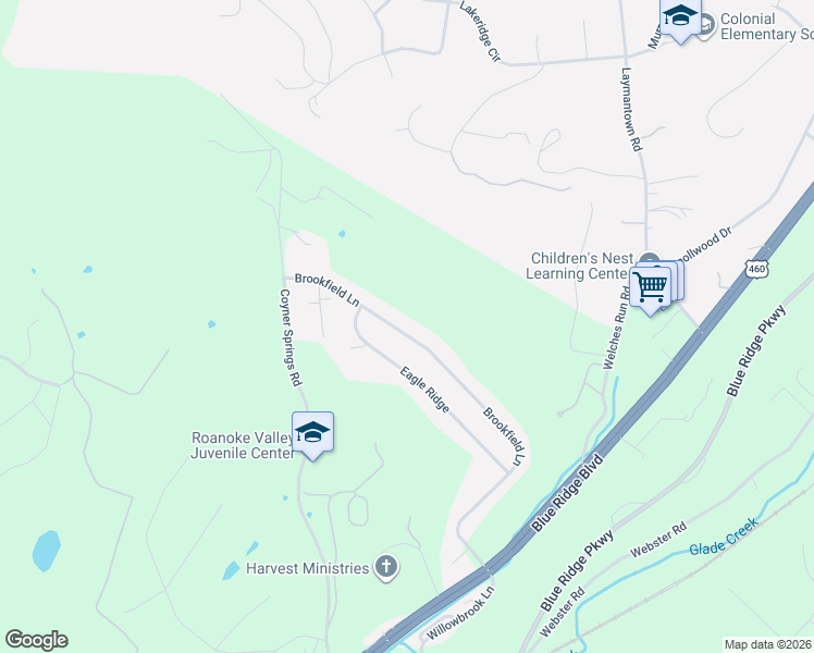 map of restaurants, bars, coffee shops, grocery stores, and more near 668 Brookfield Lane in Roanoke